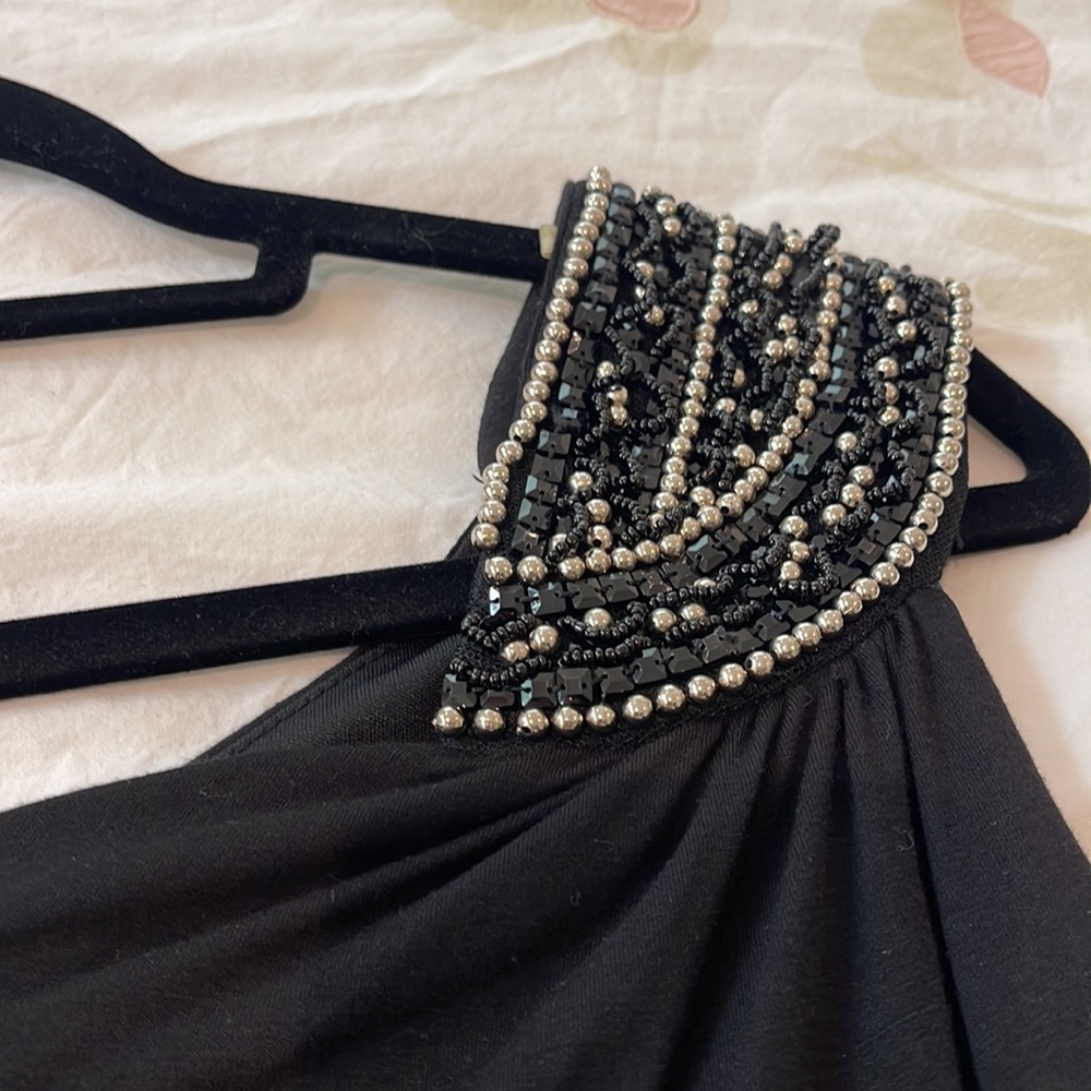Women small One shoulder beaded black silver beads top rushed sides lined Y2K